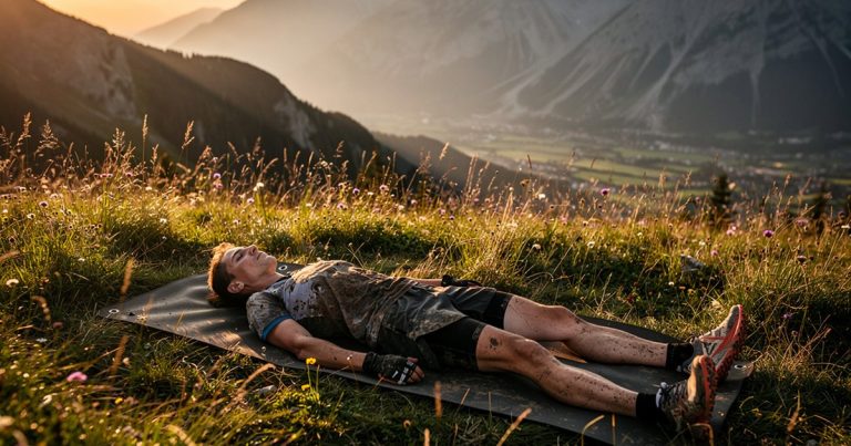 OCR athlete in full recovery position in an alpine meadow at golden hour