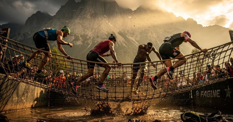 OCR athletes competing on a mountain obstacle course at golden hour