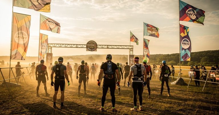 OCR athletes gathered at a race start line across multiple race series at golden hour