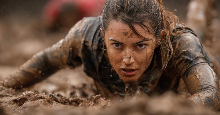 OCR athlete crawling through a mud pit during an obstacle course race