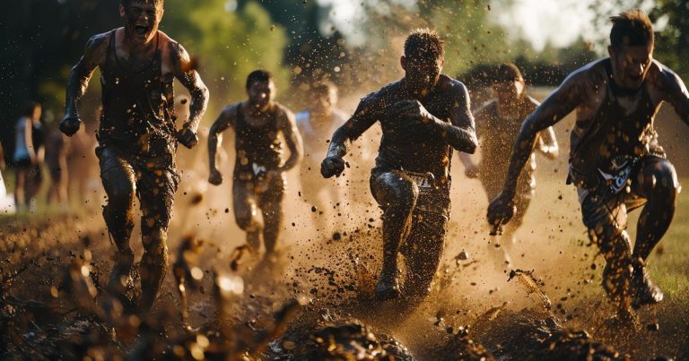 Tough Mudder competitors running through a mud obstacle during an OCR event